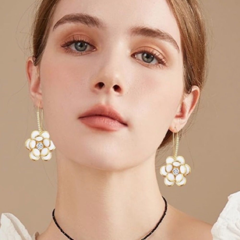 Camellia Floral Hoop dangle Crystal Earrings - Picture 5 of 6